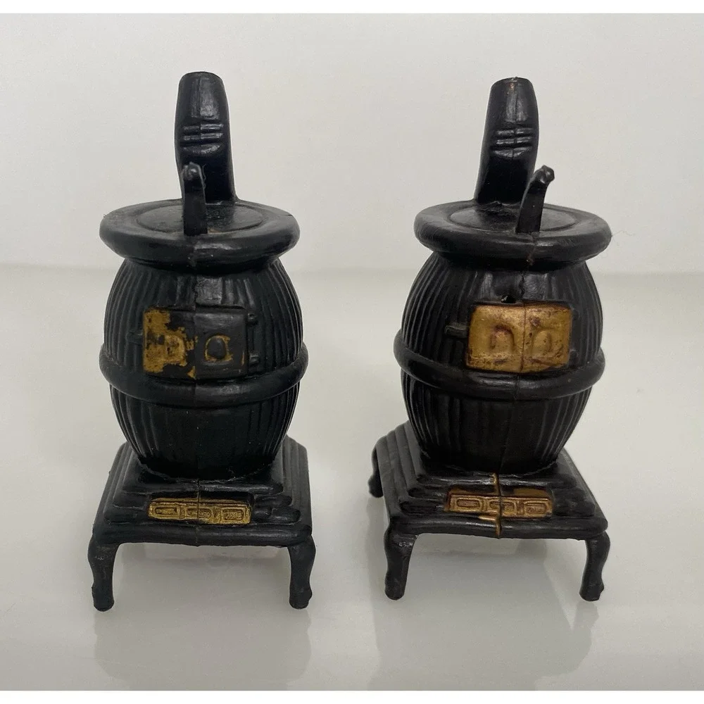 Vintage Pot Belly Stove Salt & Pepper Shakers Black Plastic with Stoppers